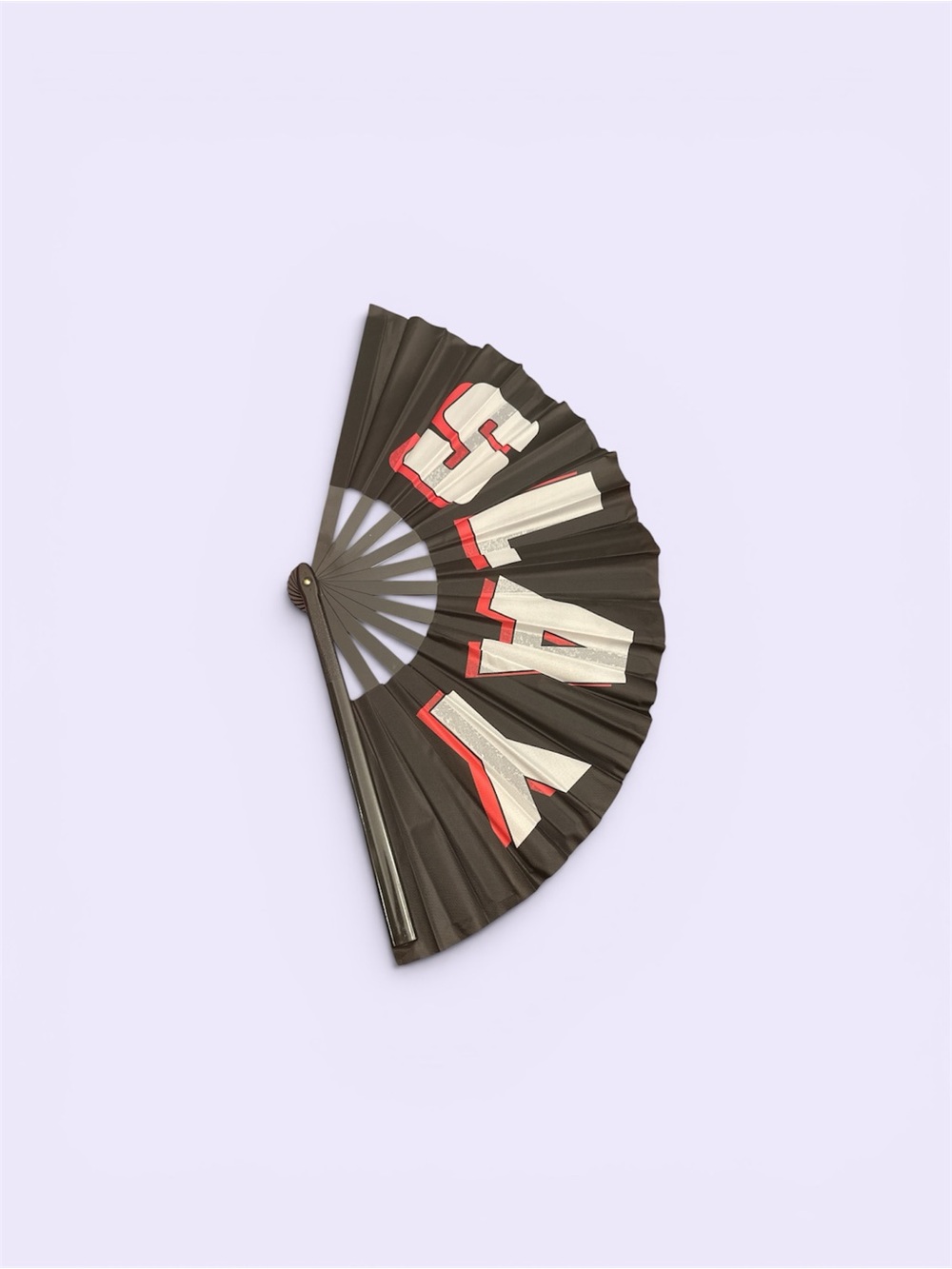 Black Folding Fan with Bold White & Red Lettering